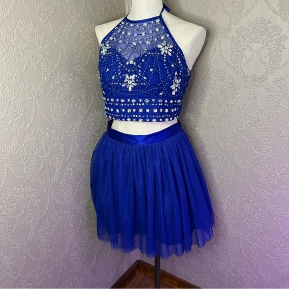 b darlin blue prom dress B Darlin Juniors' Blue Sequined Lace-Up-Back Fit & Flare Dress - 13/14